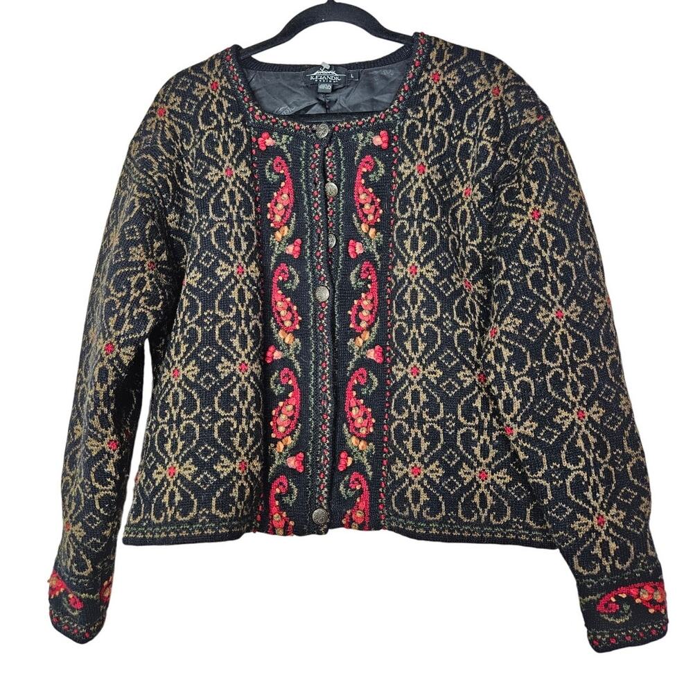 Icelandic Design L Wool Nordic Sweater Cottage Black Floral Fair Isle Cardigan